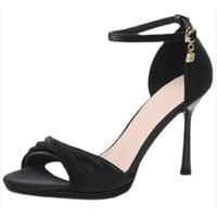 Summer's new one-strap knotted black thin heel sandals are sexy, beautiful and versatile, exposing the toes
